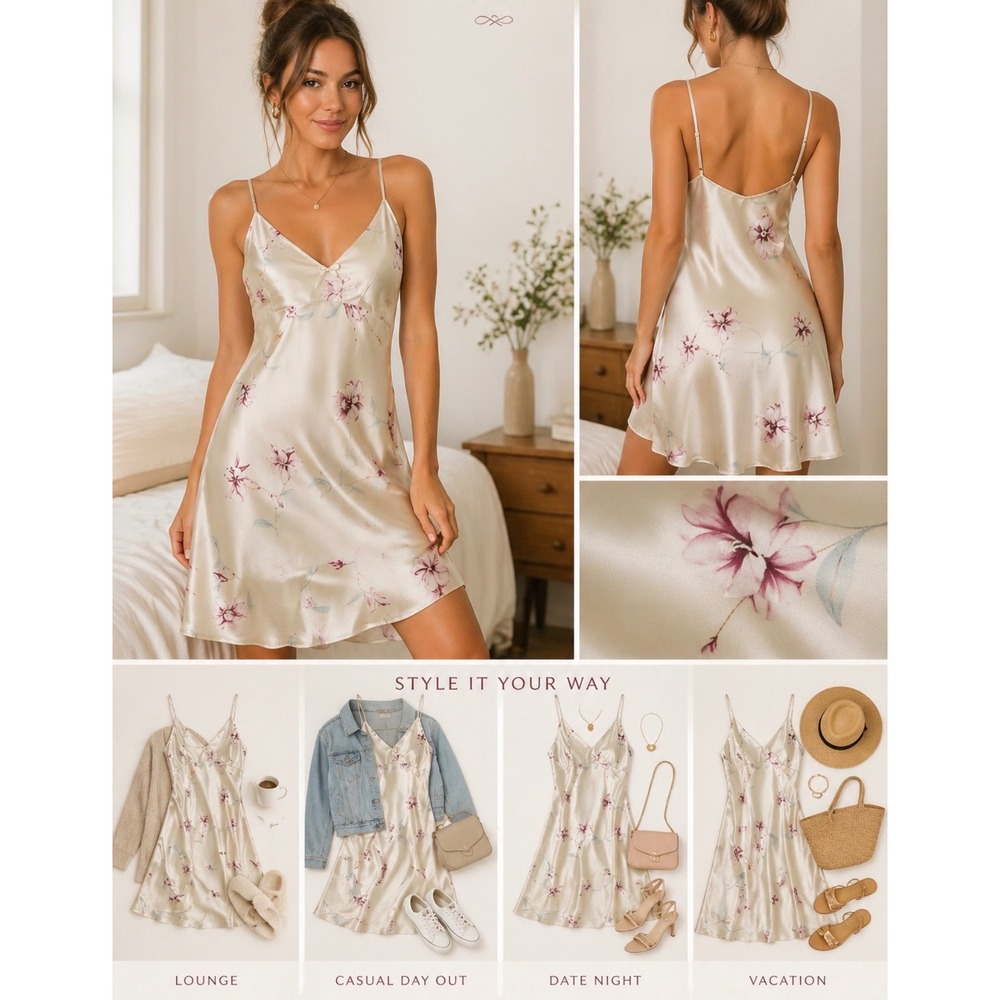 Private Luxuries Floral Satin Chemise Nightgown XL Cream Purple Sleepless Slip